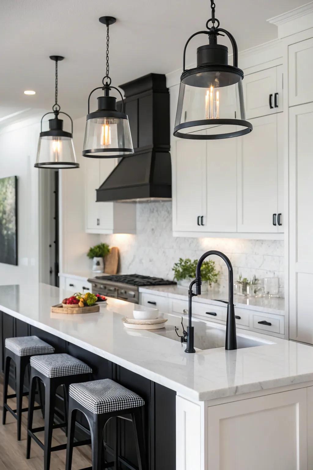 Bold black sconces create a dramatic contrast in modern kitchens.