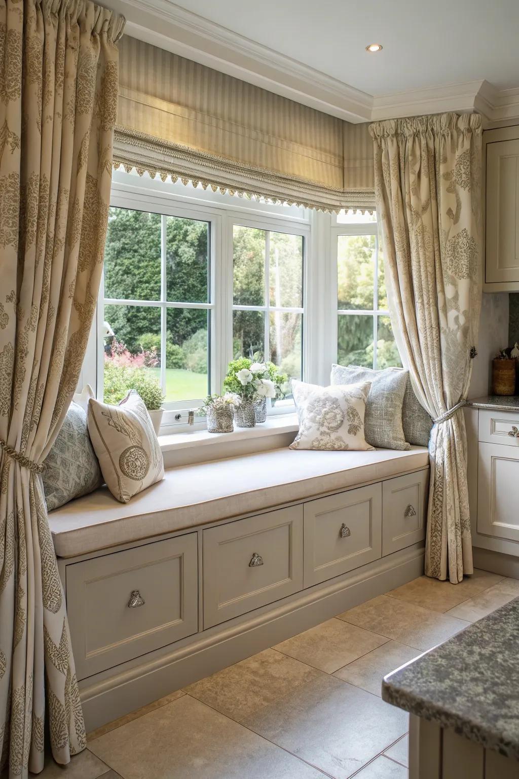 Matching curtains and cushions create a harmonious look.