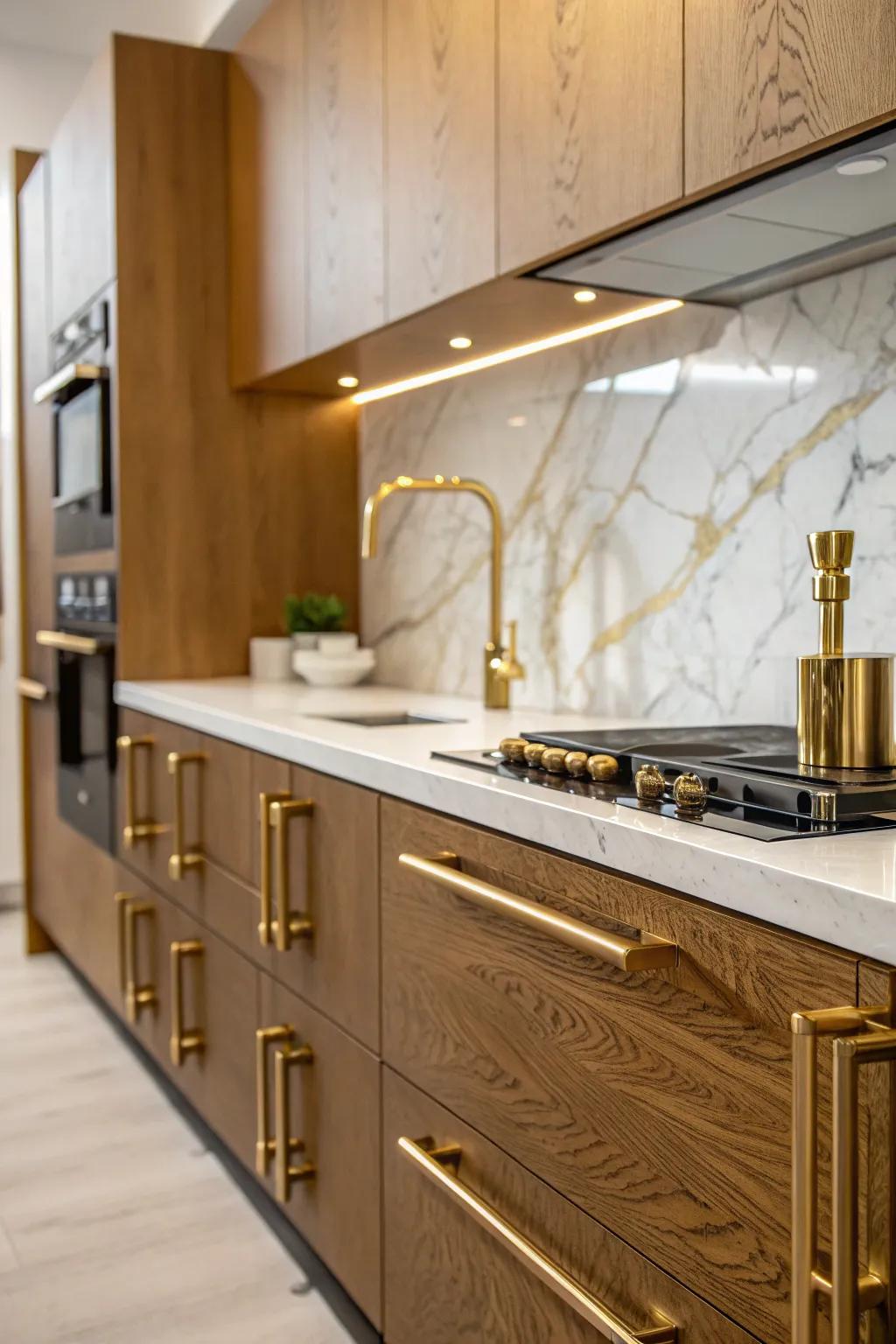 Textured gold hardware adds depth and contemporary flair to the kitchen design.