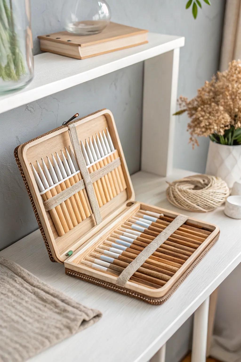 Organize your circular needles in style with a minimalist accordion file that complements your crafting space.
