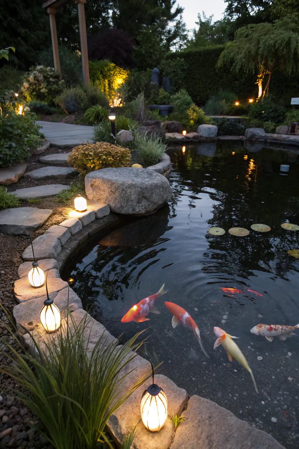 LED stone lights blend naturally into the pond's surroundings.