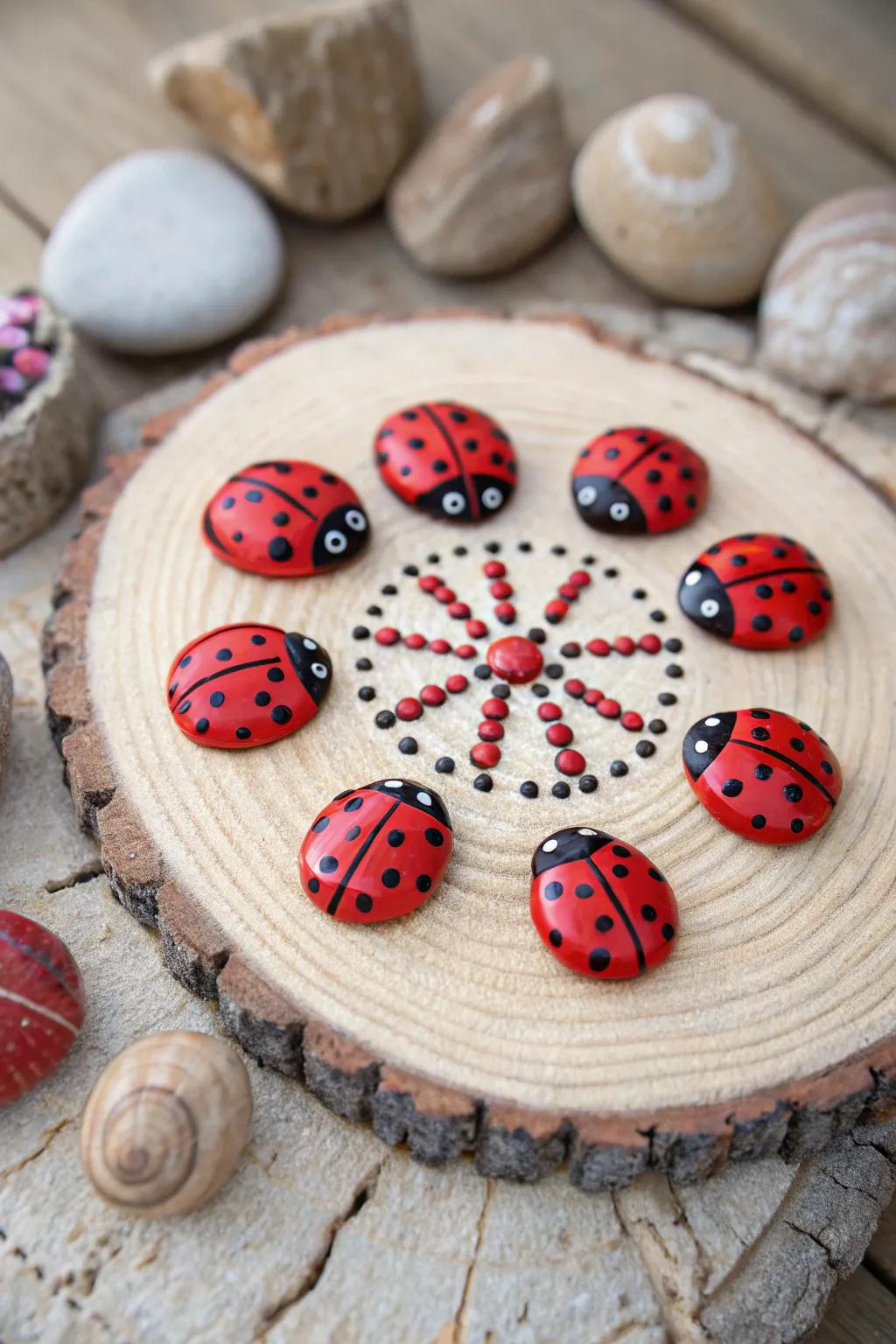 Nature's Mandala: Transform your garden into a serene oasis with ladybug rock art.