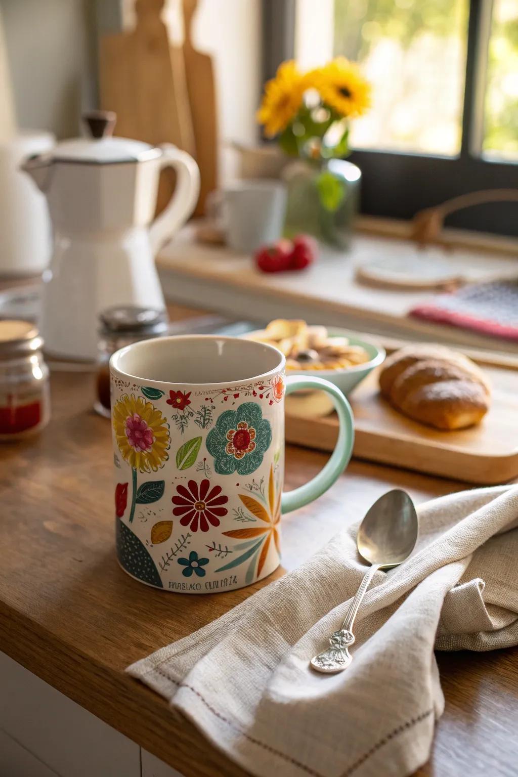 A custom-decorated mug ready for a warm beverage.