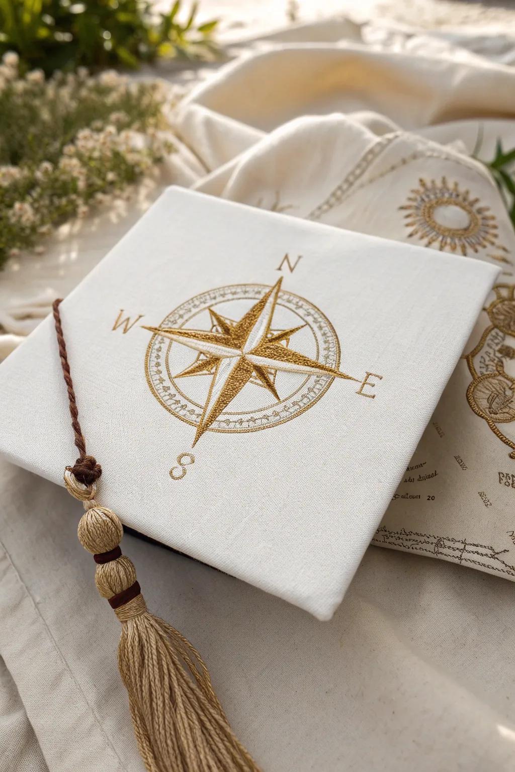 Embark on new adventures with a compass-inspired grad cap, beautifully blending minimalist design with boho flair.