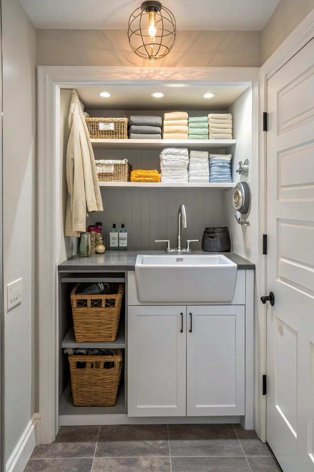 A utility sink adds function and style to your laundry closet.