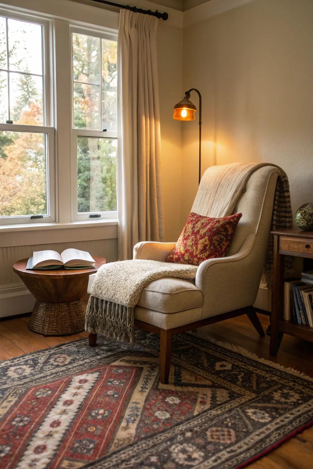 Layered rugs can transform a corner into a cozy retreat.