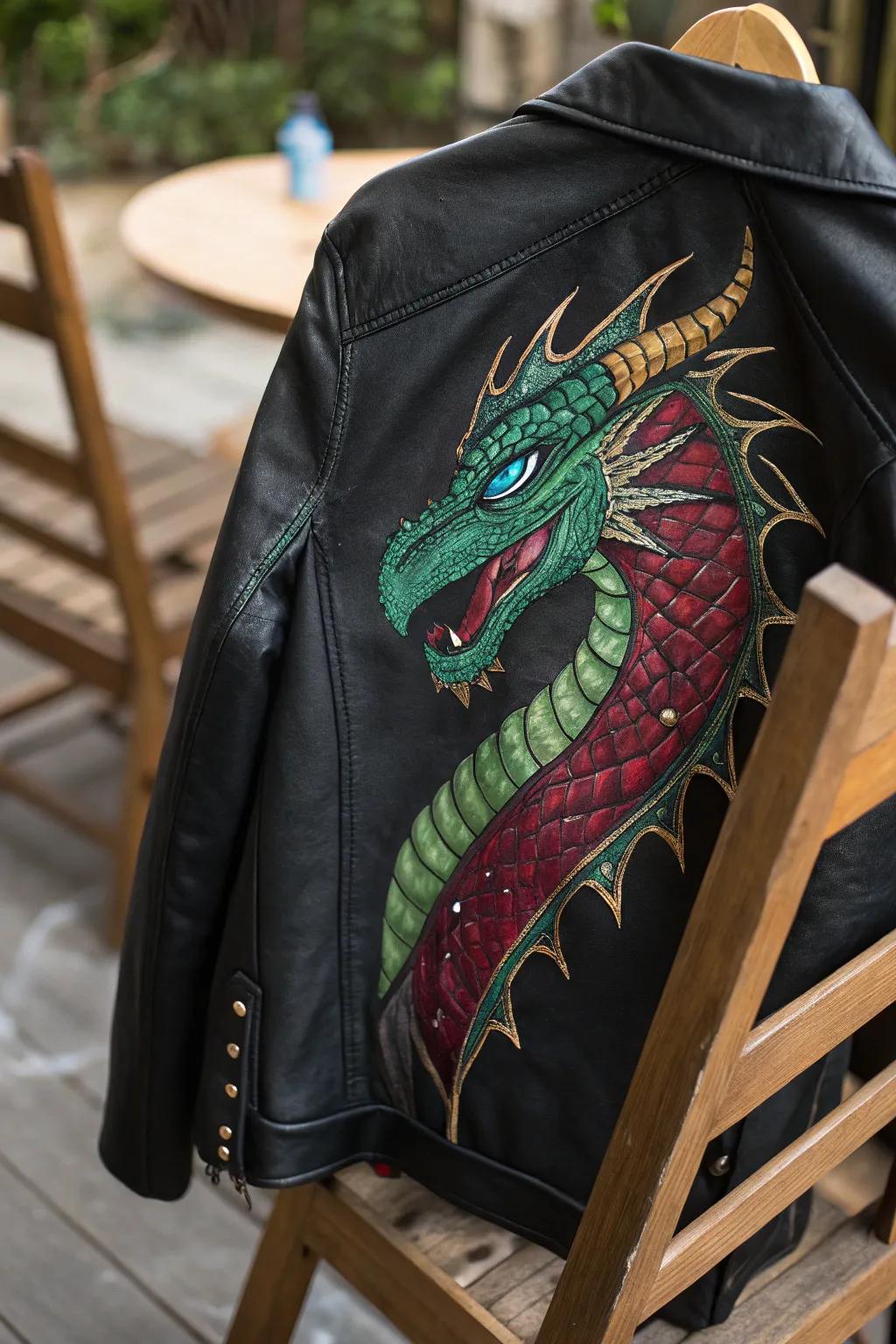 Unleash the magic of mythical creatures on your leather jacket for an adventurous edge.
