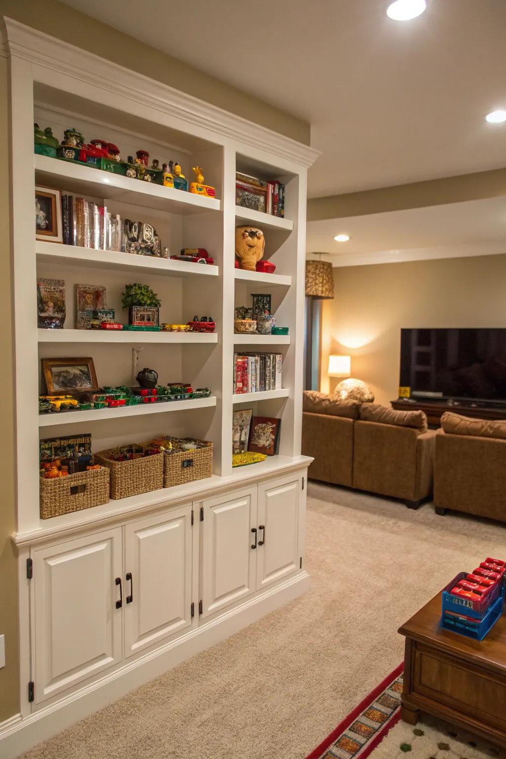 Stylish built-in storage for a family room.