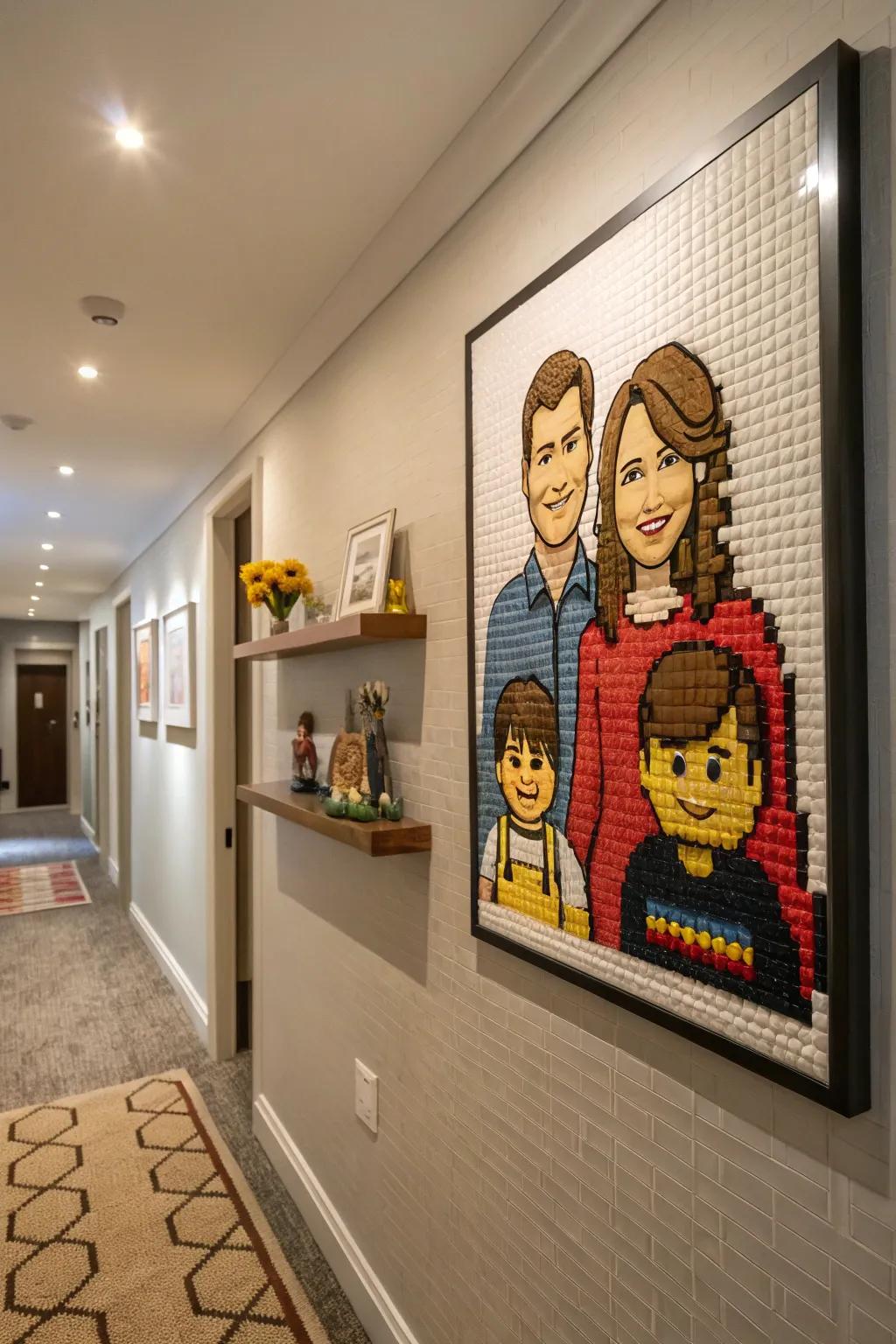 A whimsical LEGO family portrait adds charm to this hallway.