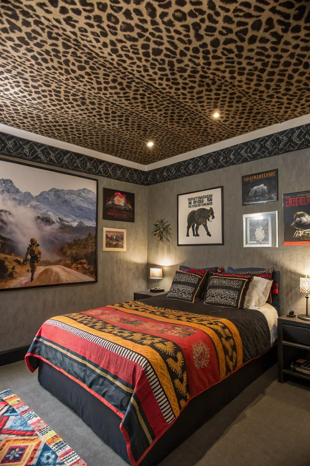 A leopard print ceiling creates a dramatic focal point in a bold bedroom.