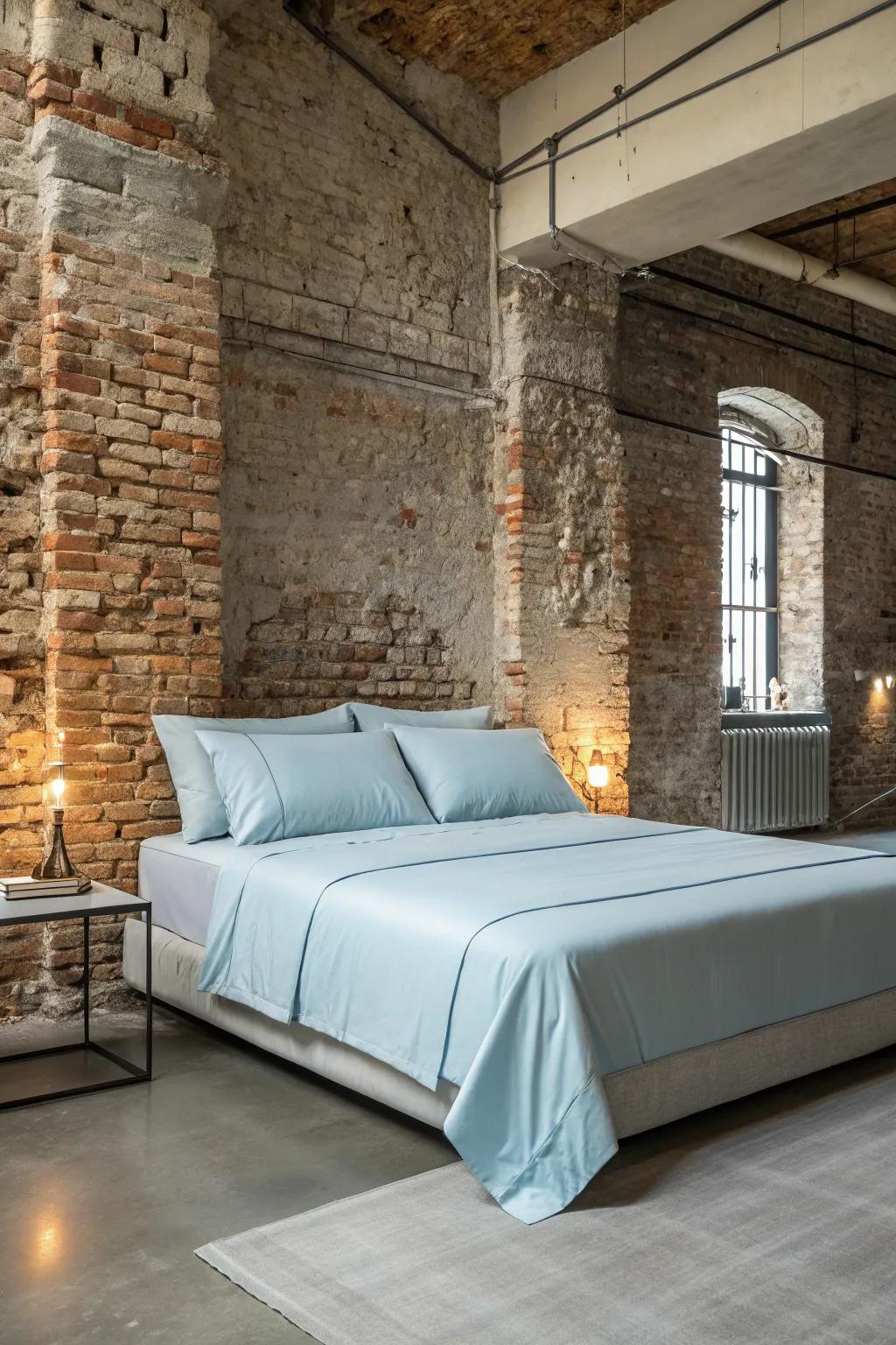 Add softness to an industrial space with light blue bedding.