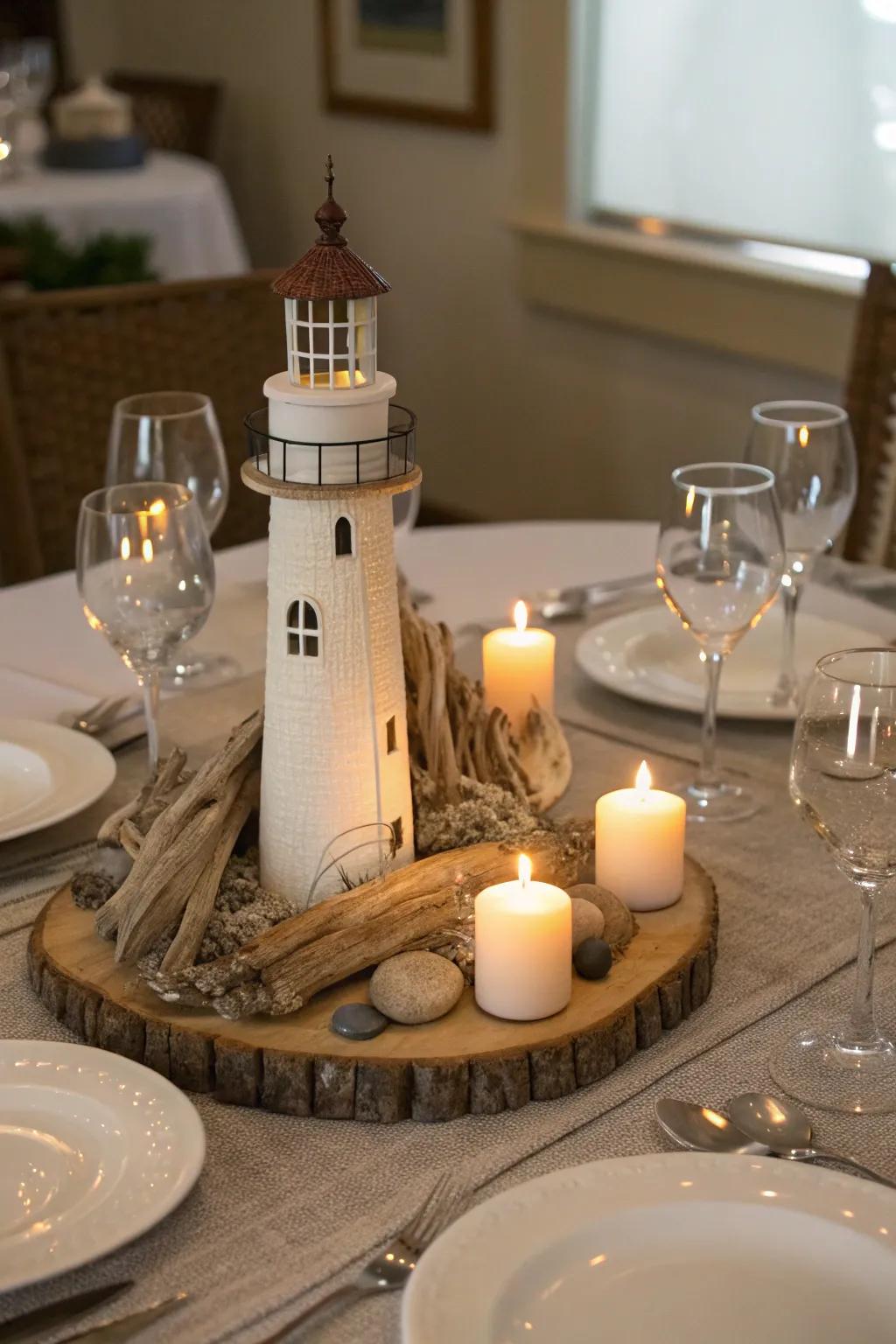 A lighthouse centerpiece brings coastal elegance to dining