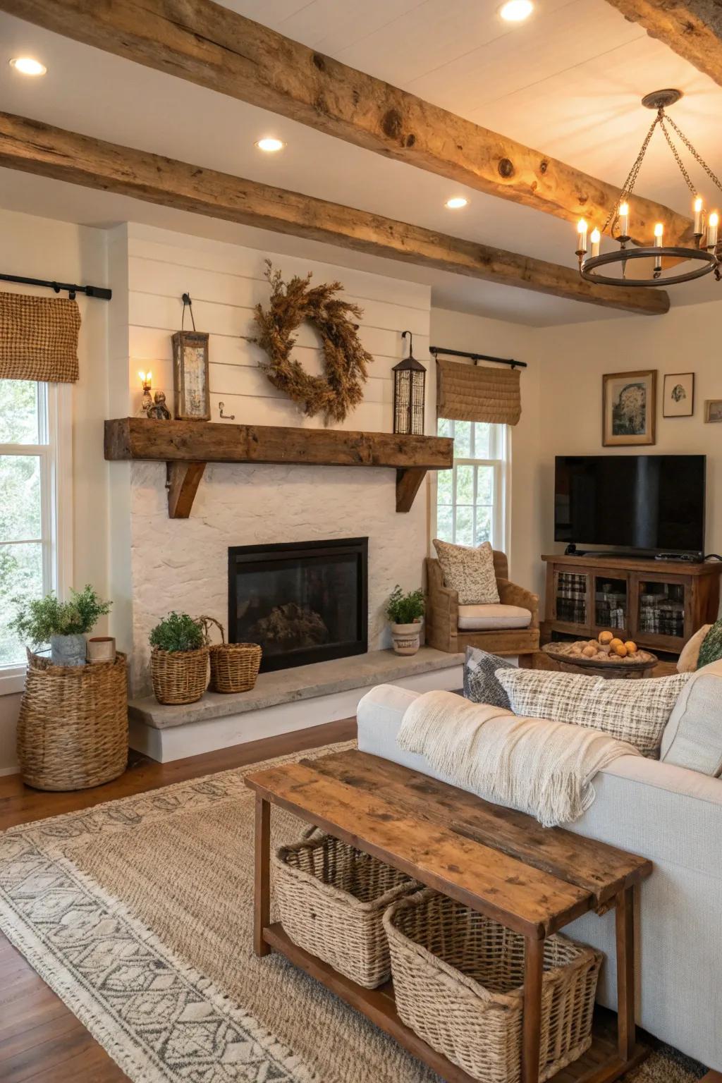 A farmhouse living room featuring a barn beam live edge mantel with rustic charm.