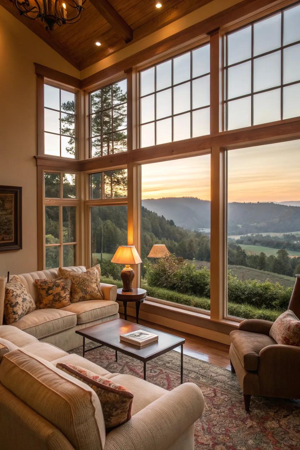 A living room that celebrates stunning views with strategic seating and design.