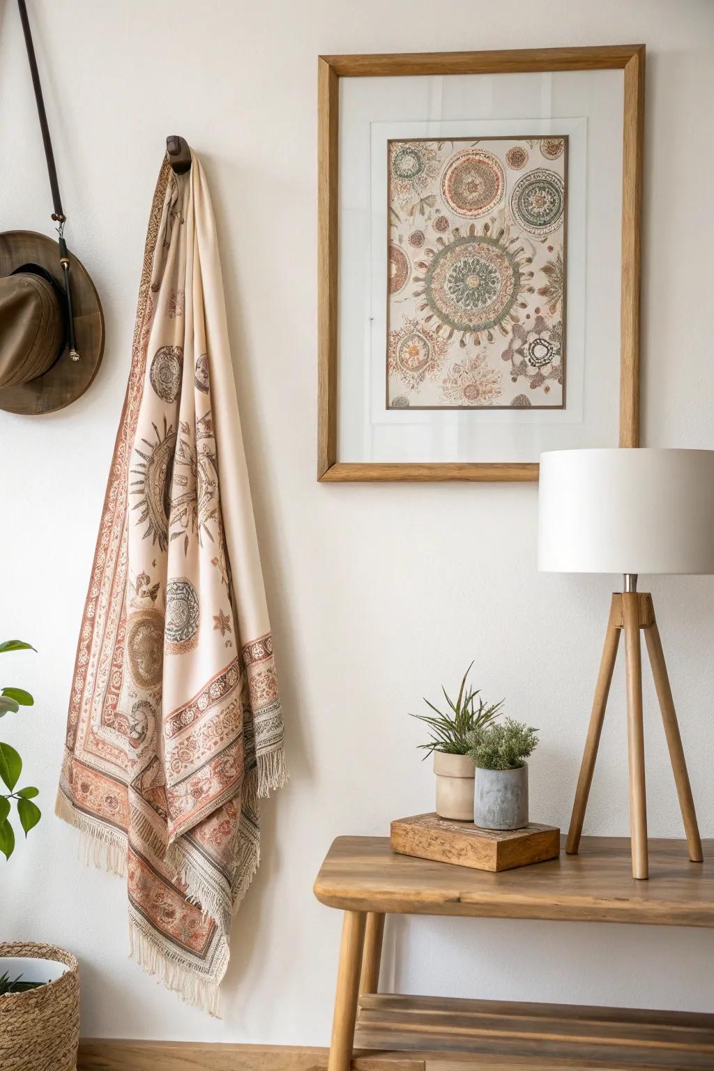 Transform your living space with a touch of DIY elegance: Repurpose a silk scarf into stunning wall art for a sophisticated and personalized decor statement.