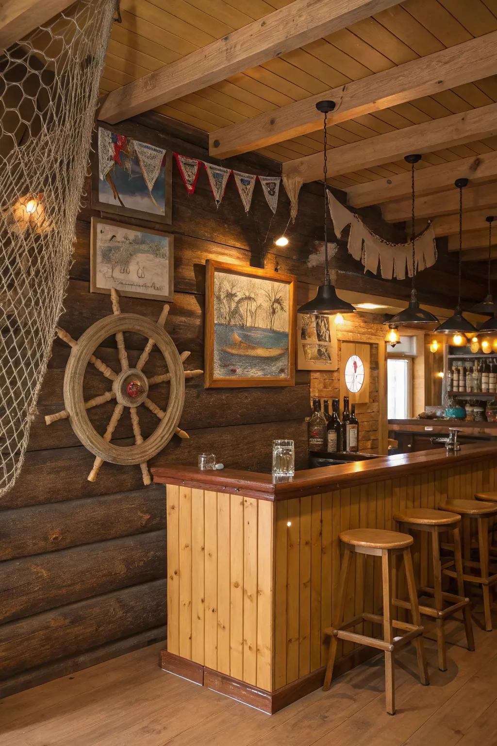 A nautical-themed log cabin bar featuring a ship's wheel for unique charm.