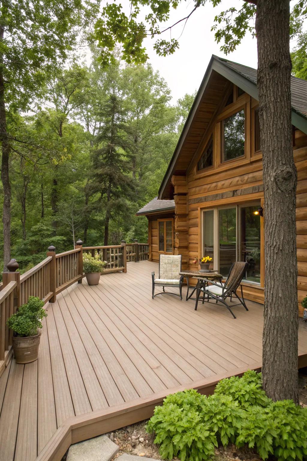 A log cabin deck with reliable composite decking.