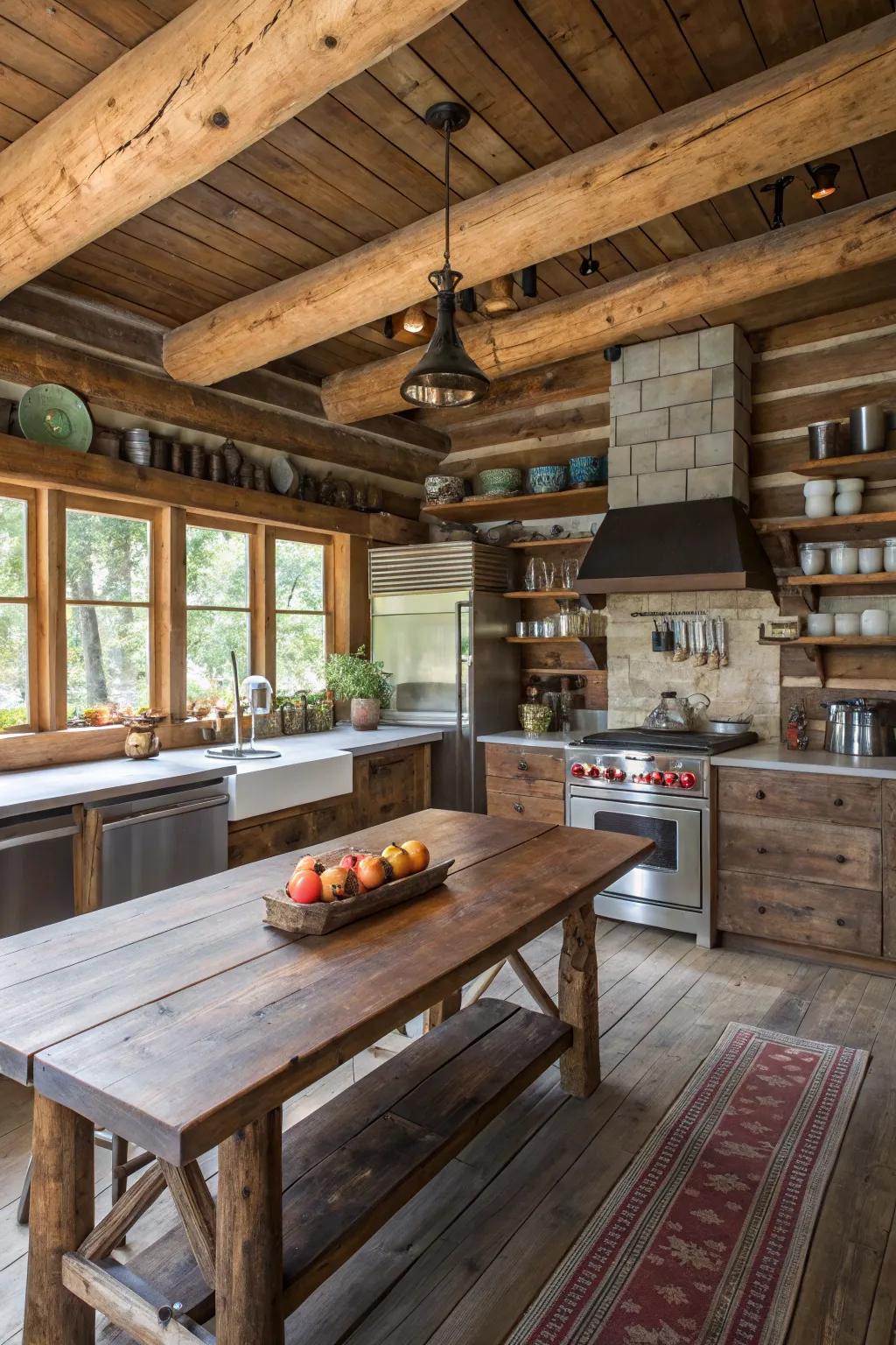 Steel elements add a modern edge to this rustic log cabin kitchen.