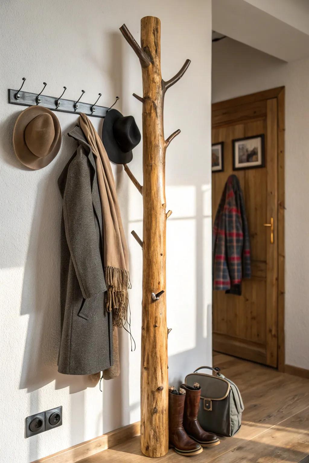 Welcome home in style with this rustic log coat rack, blending nature with modern elegance.