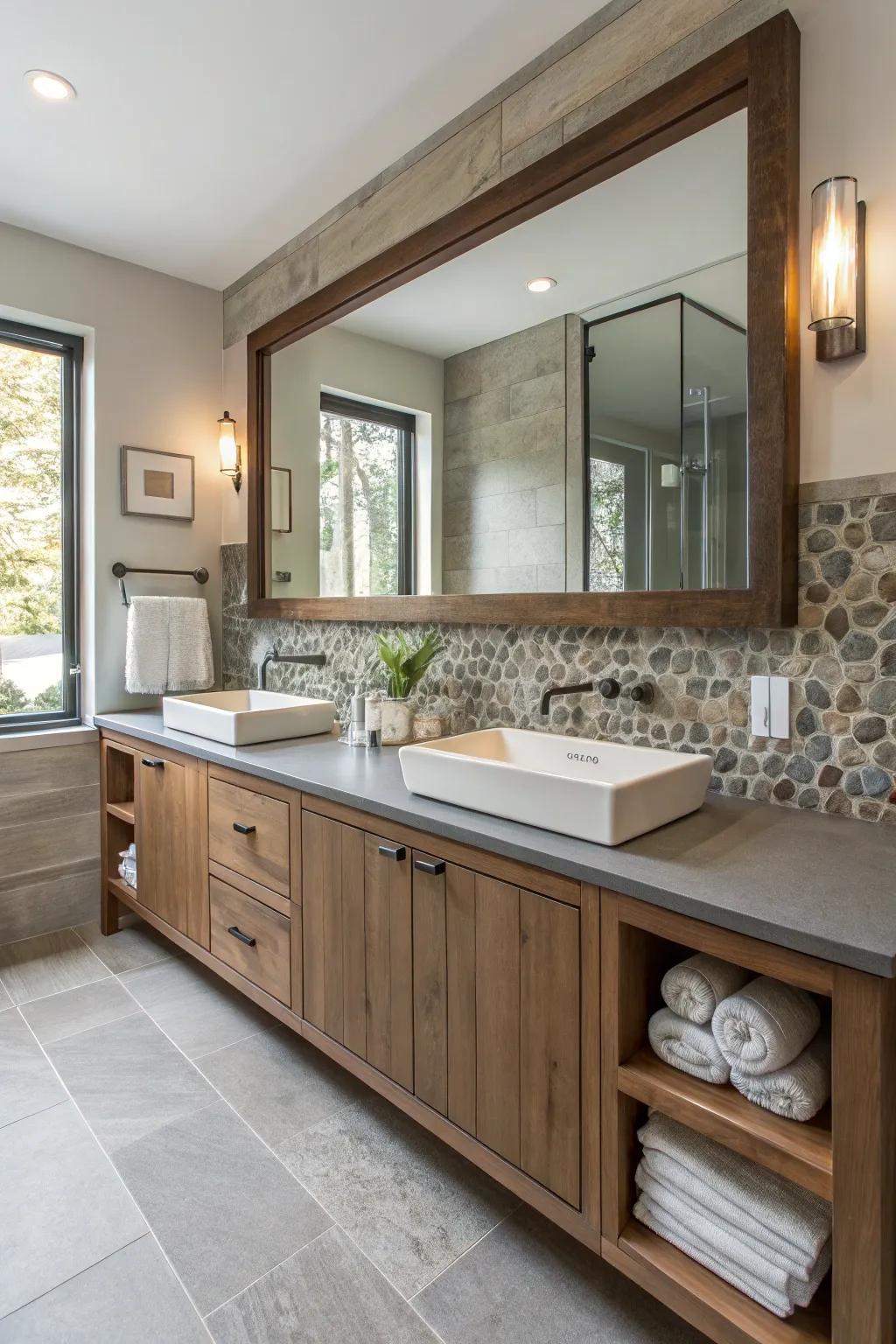 Mixing materials adds texture and interest to bathroom vanities.