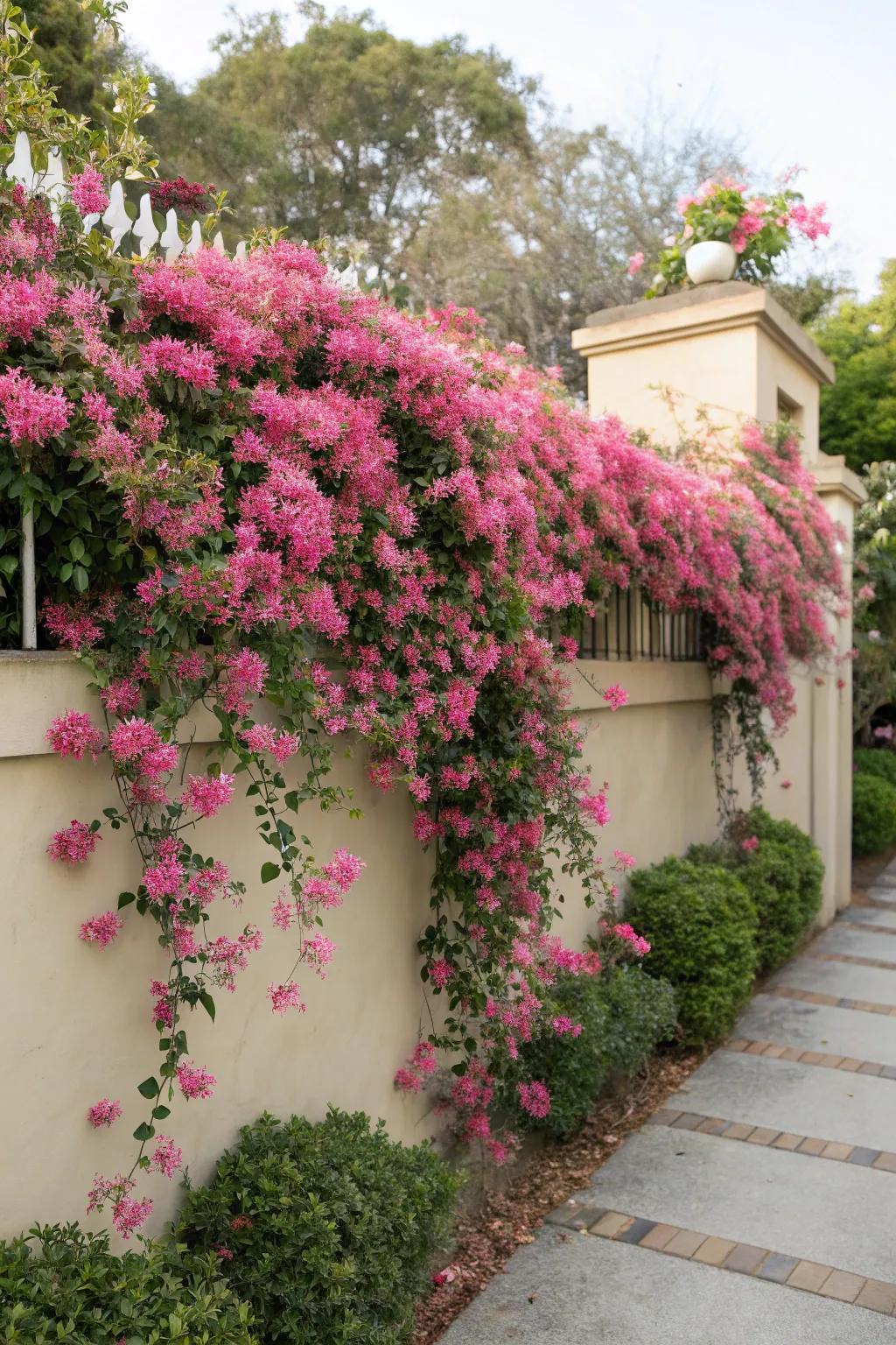 Create a cascading effect with loropetalum on garden walls.