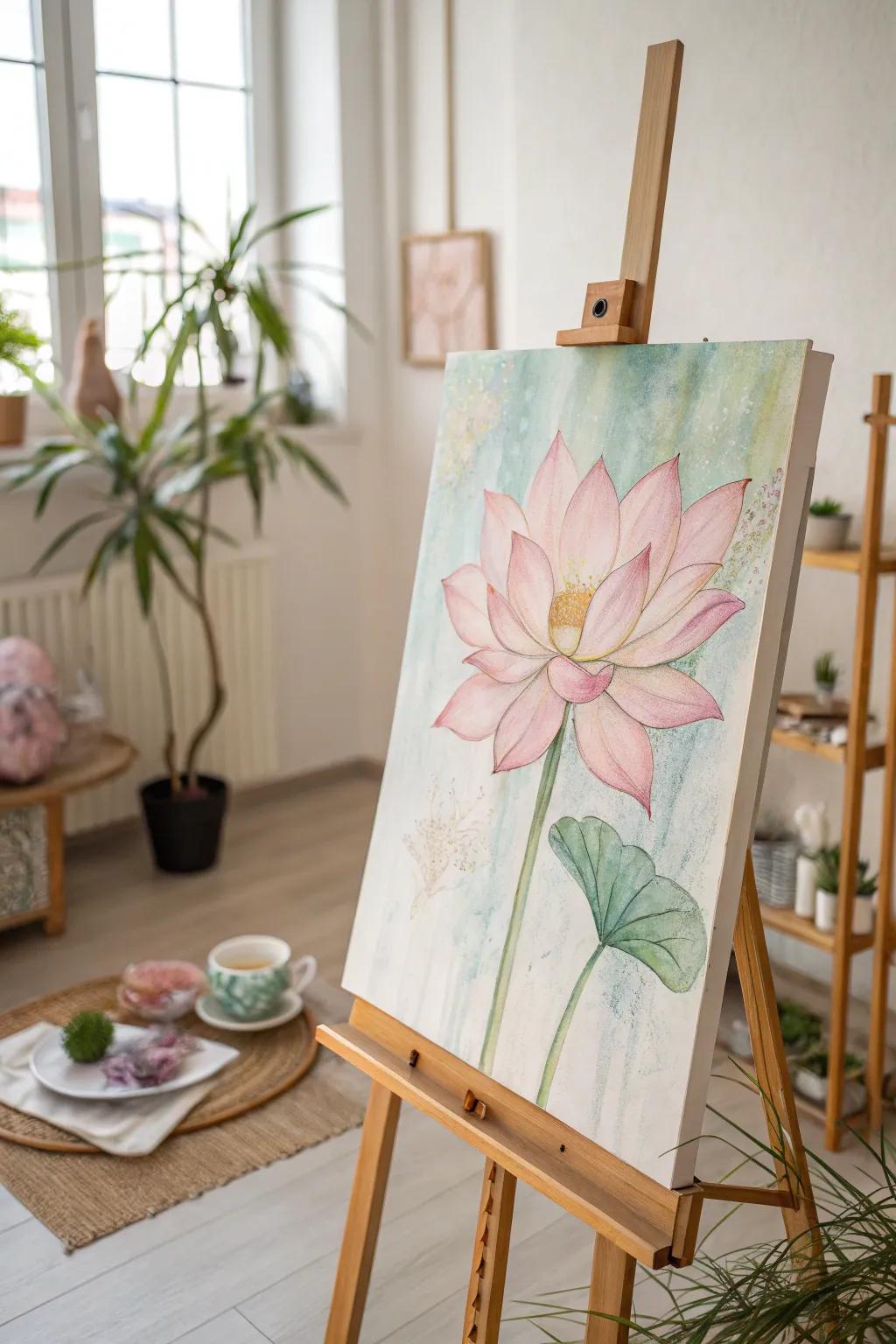 A soothing lotus painting in delicate pastel hues.