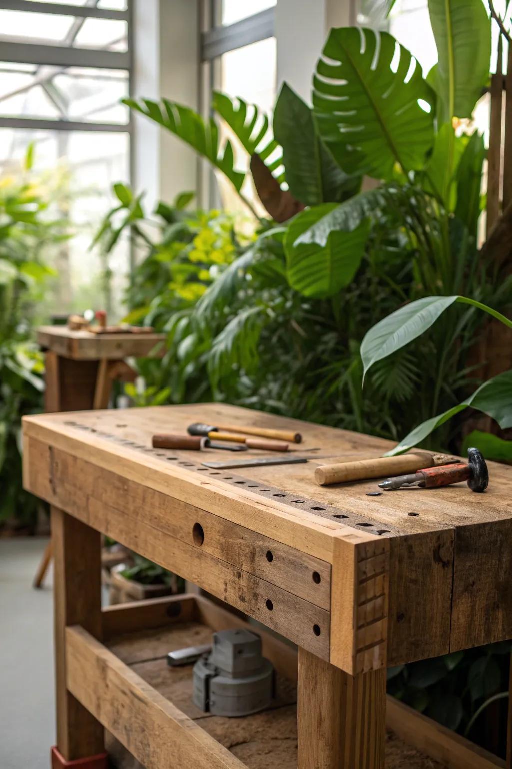 Elevate your makerspace with nature's touch: a harmonious blend of wood and greenery for creative inspiration.