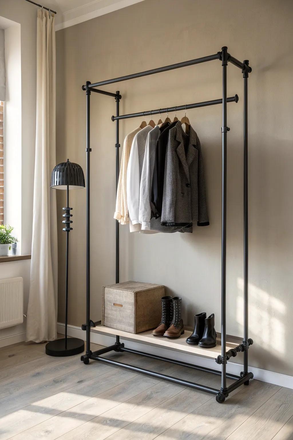 Elevate your space with a chic DIY Pipe Closet for a touch of rustic elegance.