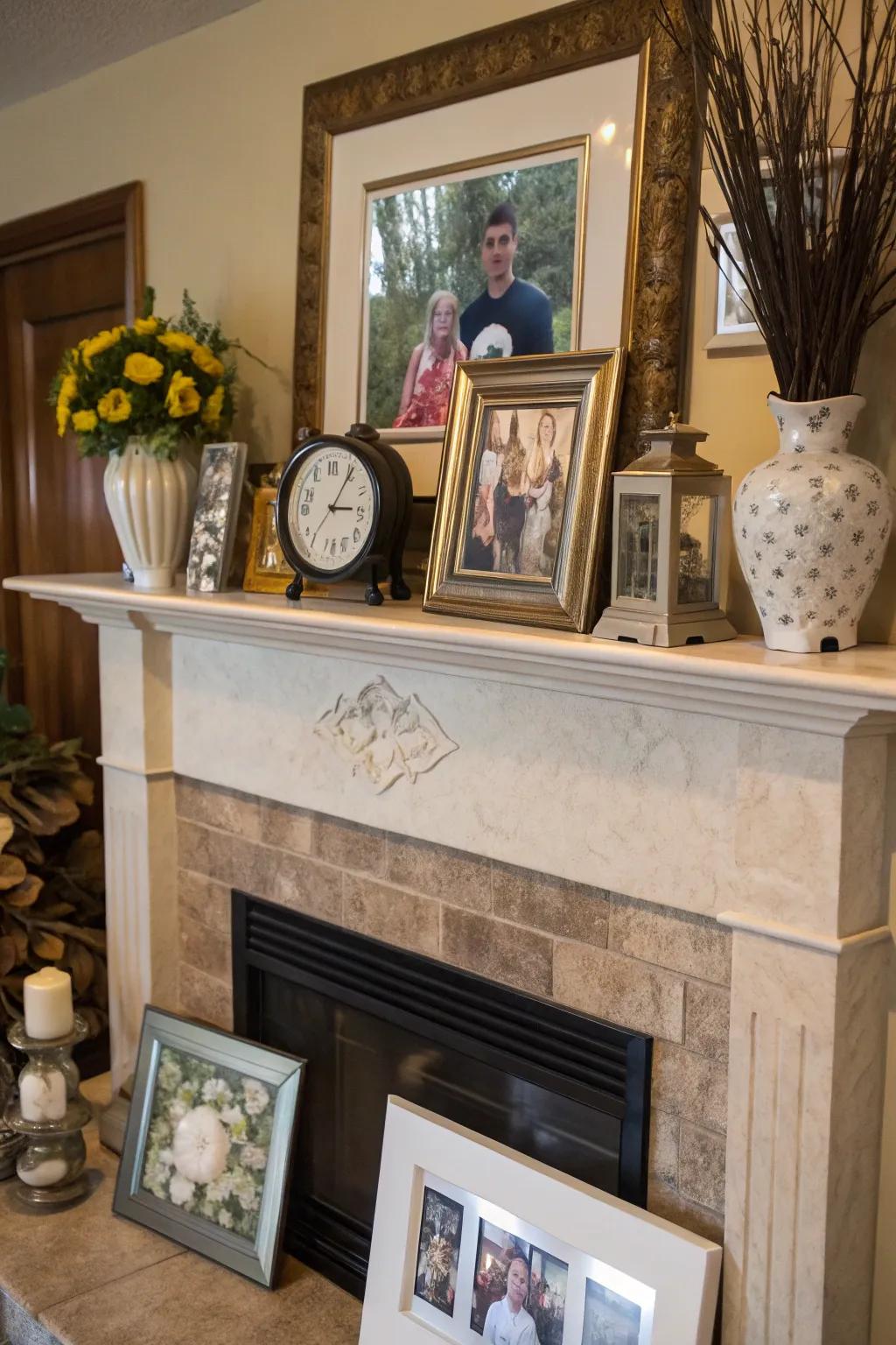 A mantel decorated with personal mementos and family photos.