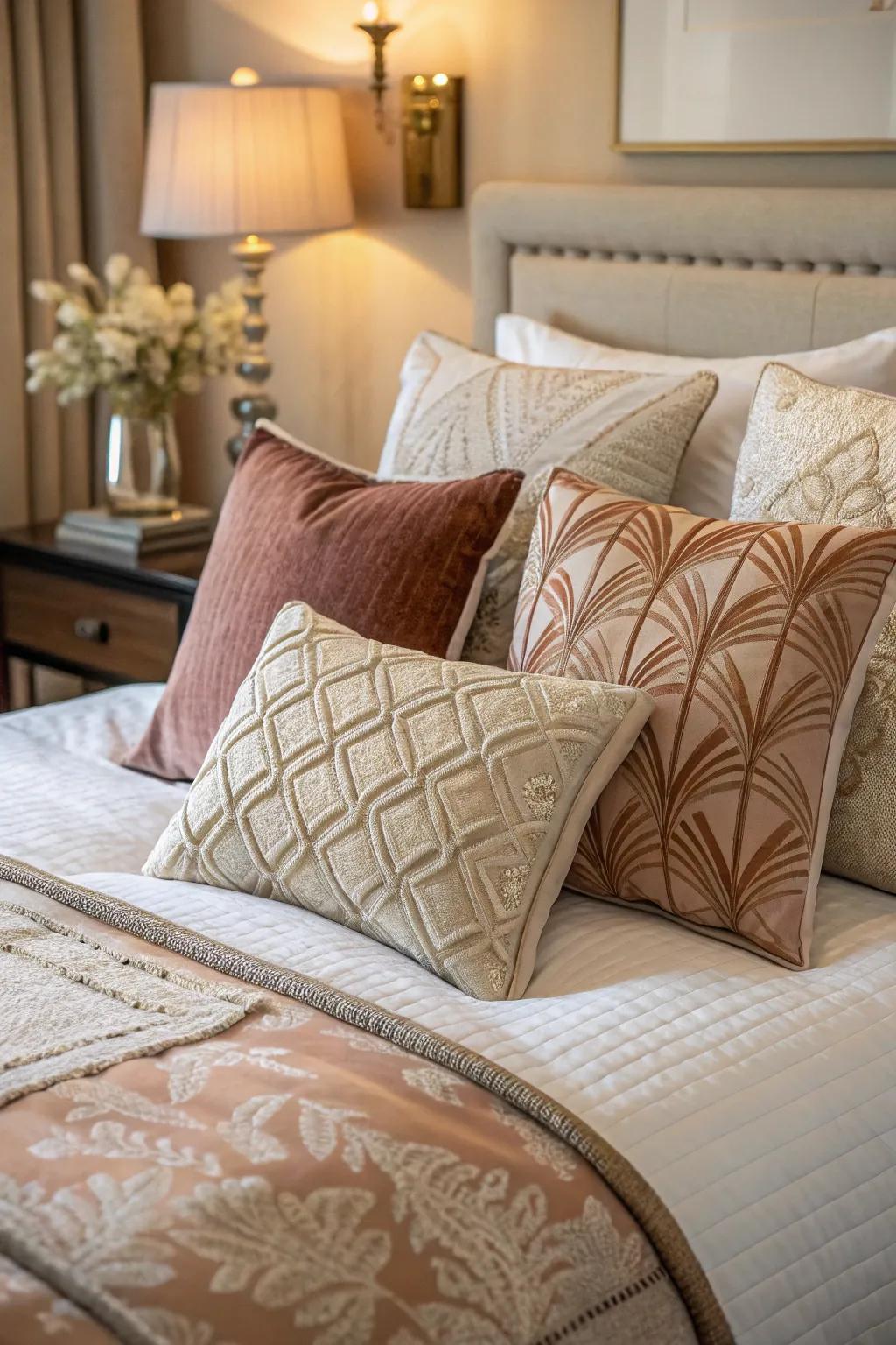 Elegant throw pillows add texture and comfort to your bed.