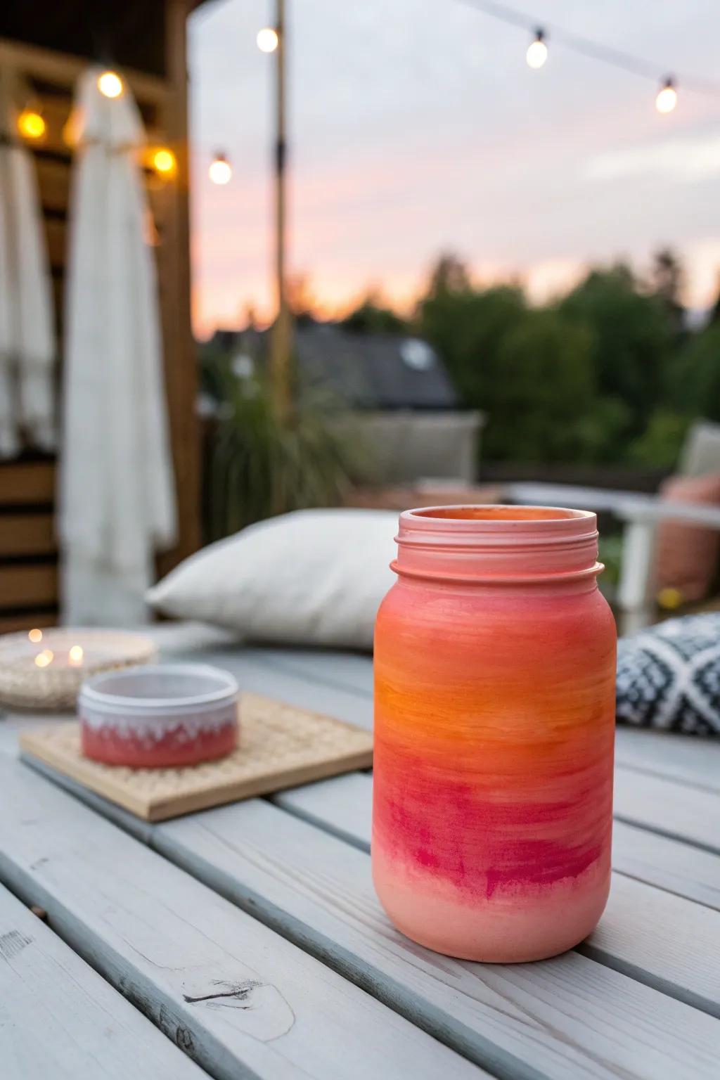 Embrace sunset vibes with this beautifully painted mason jar, perfect for cozy evenings on your patio.
