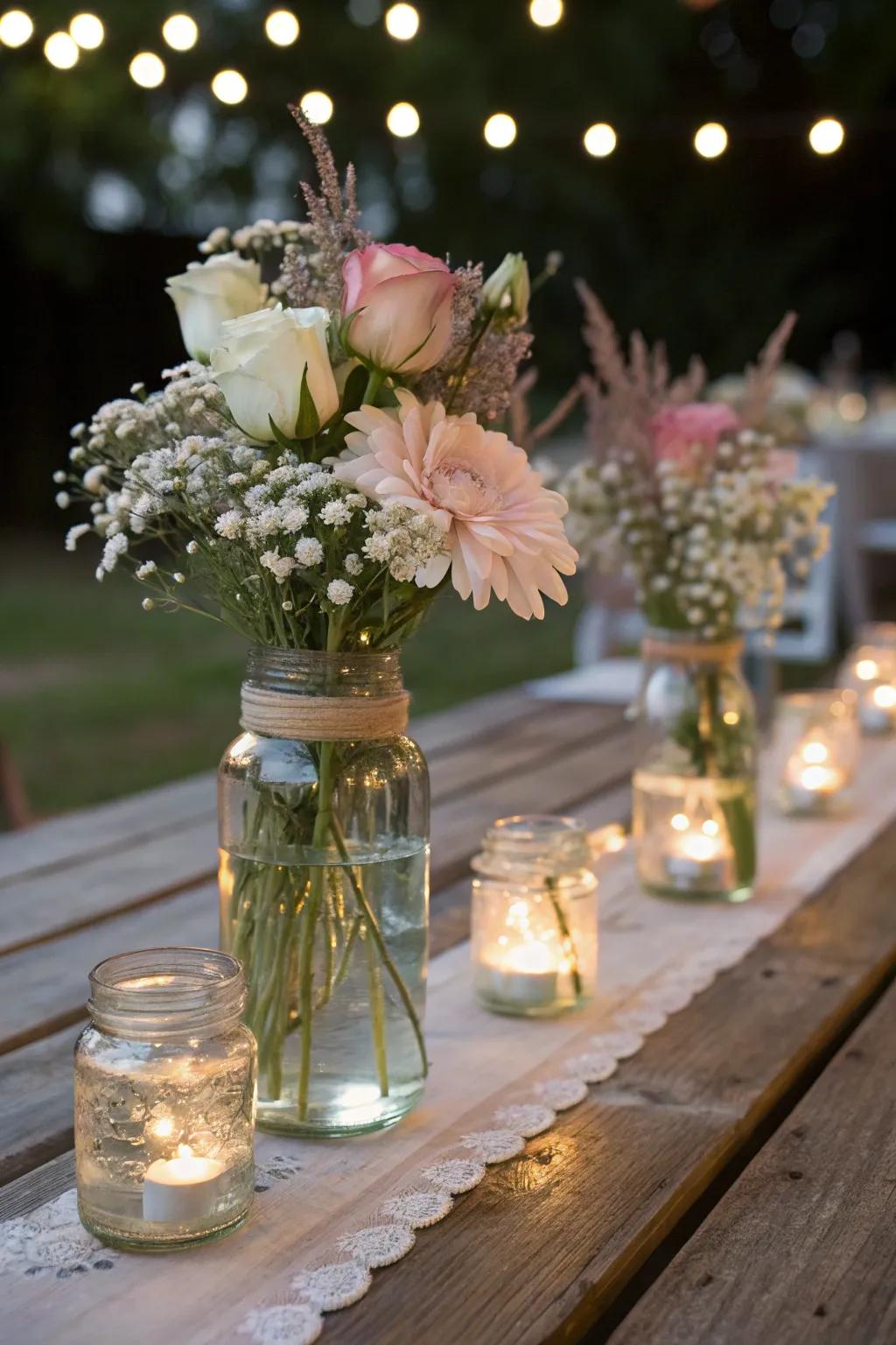 Floating flowers in mason jars provide an ethereal and dreamy look.