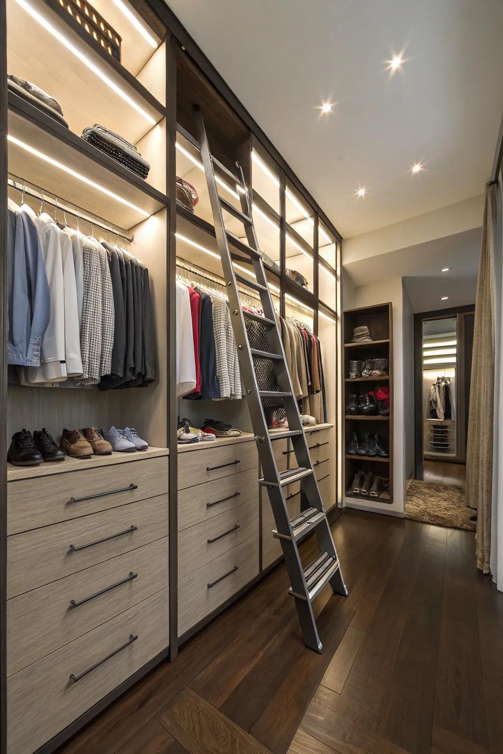 A rolling ladder offers style and accessibility to high shelves.