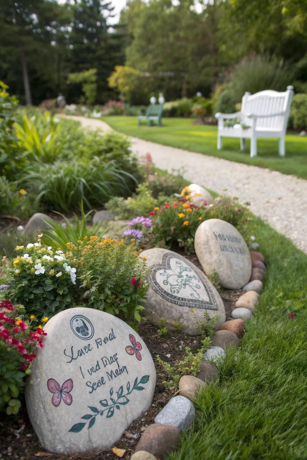 Memorial stones with engraved messages add depth to the garden.