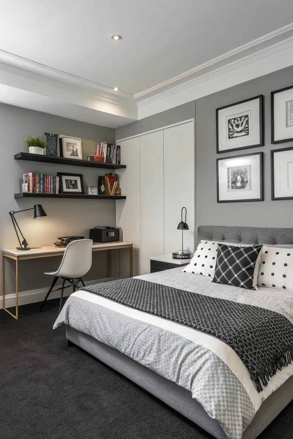 A monochrome theme creates a sleek and cohesive bedroom design.