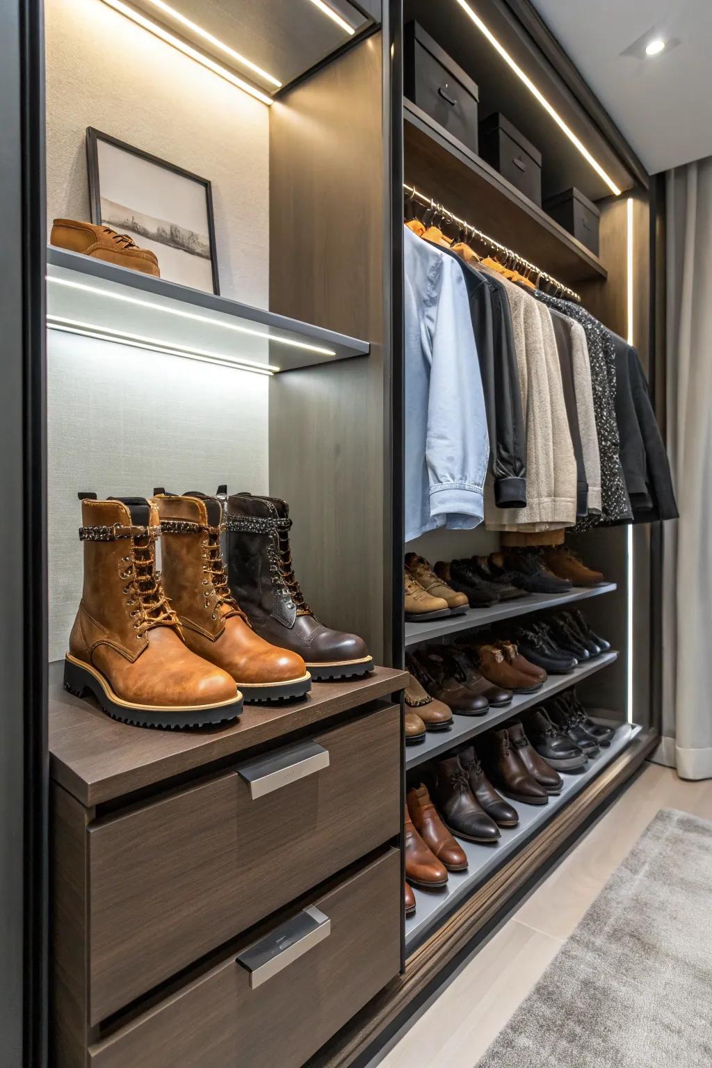 A boot rack maintains the shape and order of taller footwear.