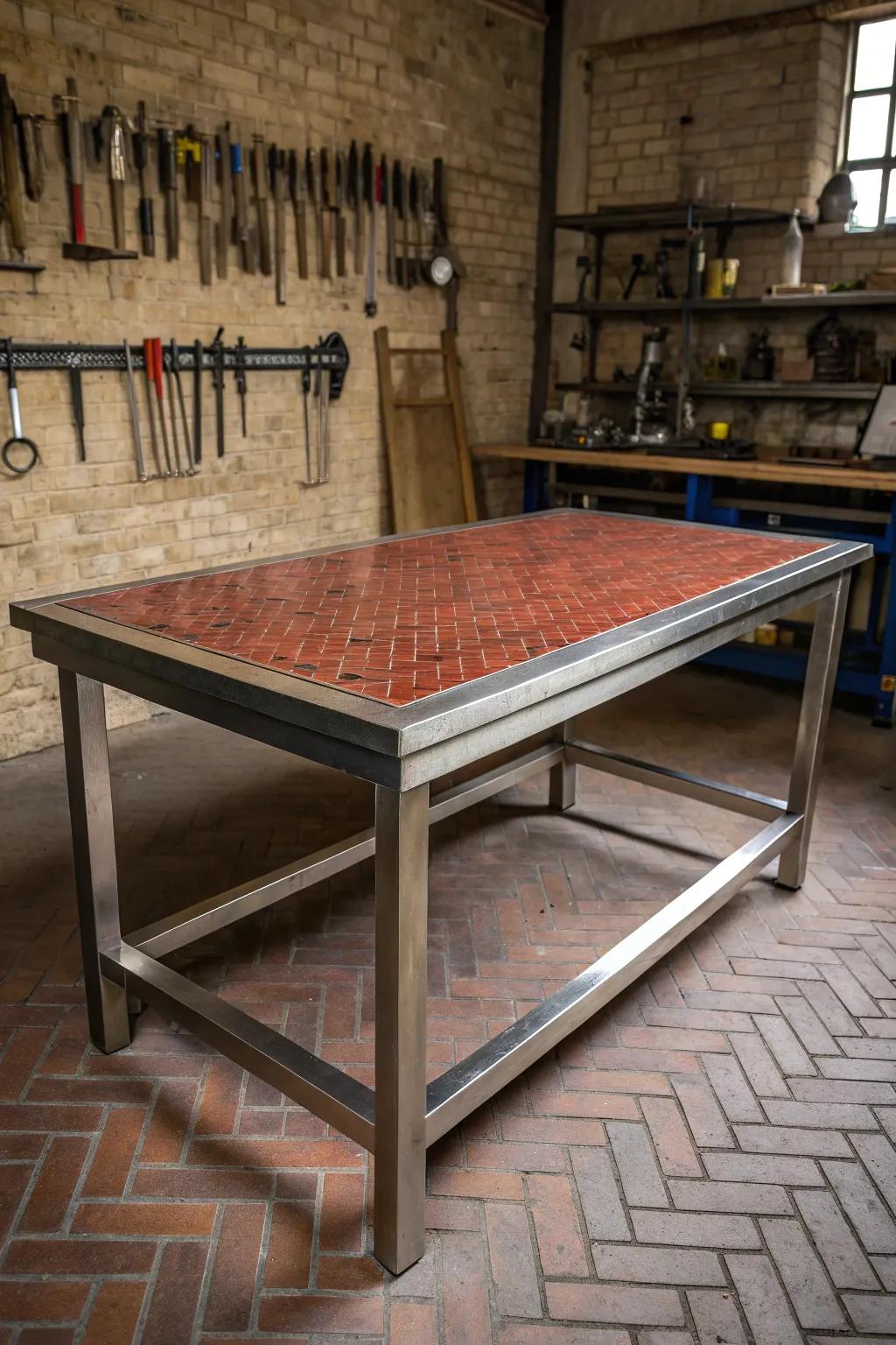 Elevate your workshop with a metal table featuring a durable firebrick surface—where form meets function.