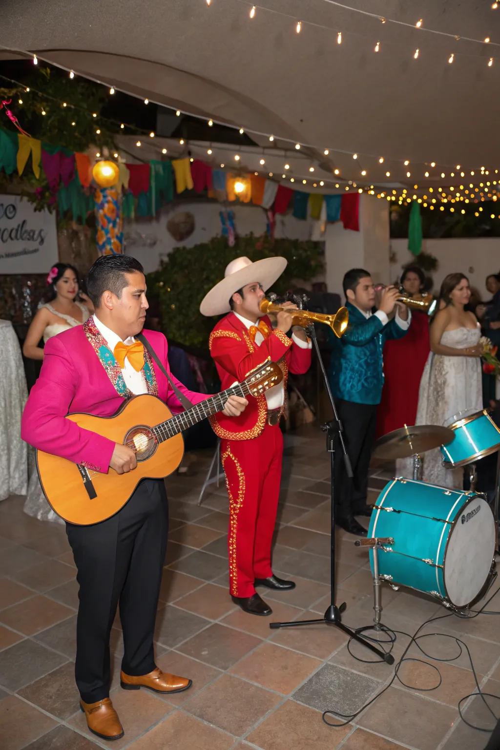 A lively band playing traditional Mexican tunes, energizing the wedding crowd.