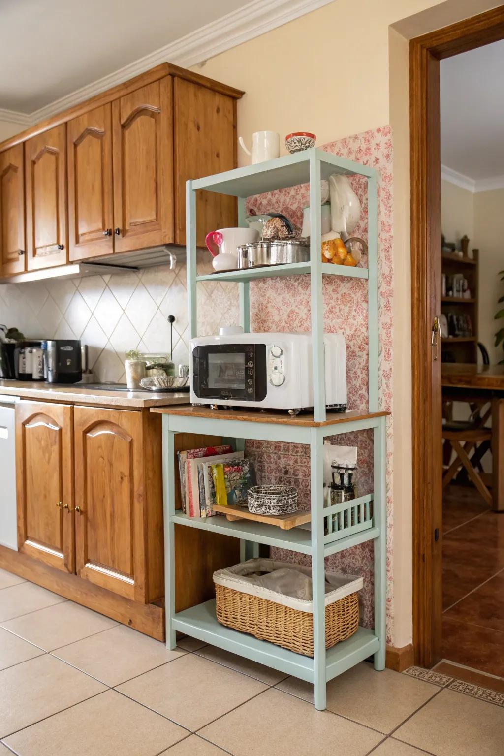 A charming retro-inspired shelf for a stylish microwave.