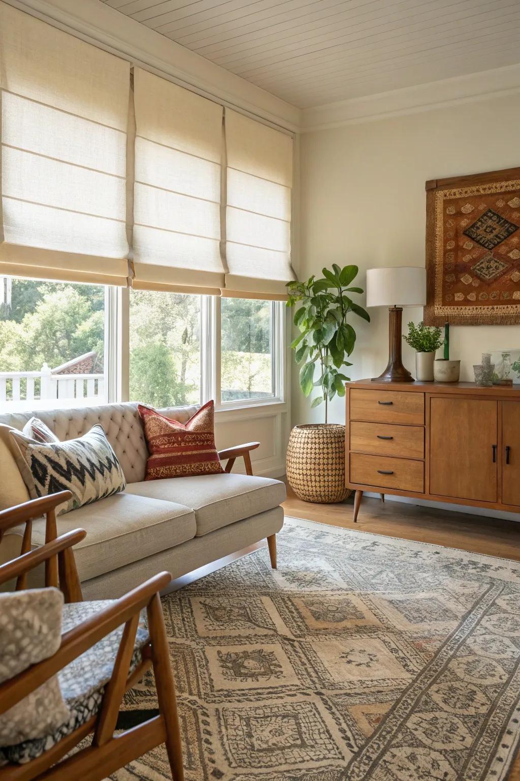 Light-filtering Roman shades create a bright and cozy ambiance.