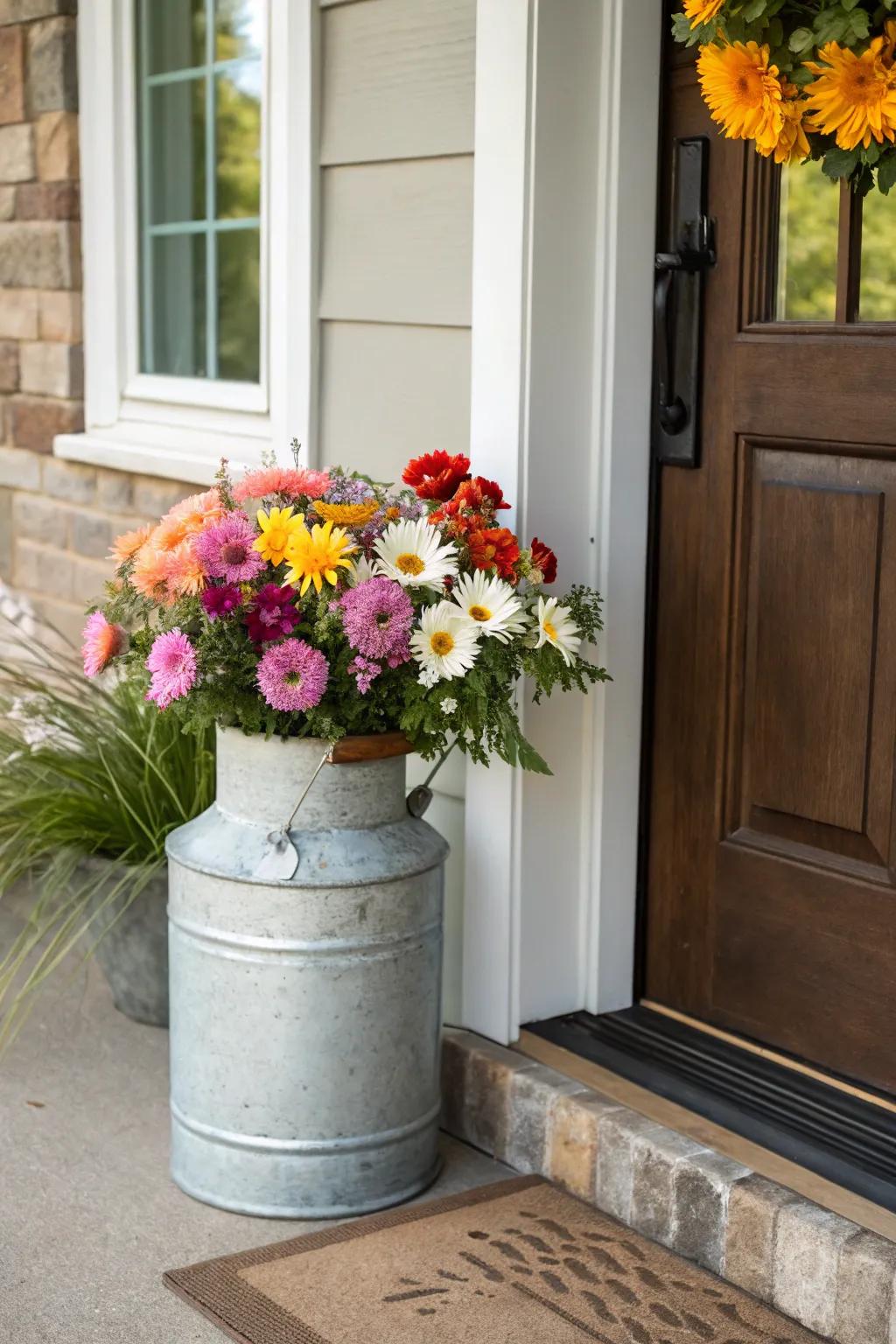 A milk can planter offers a warm welcome at the front door.