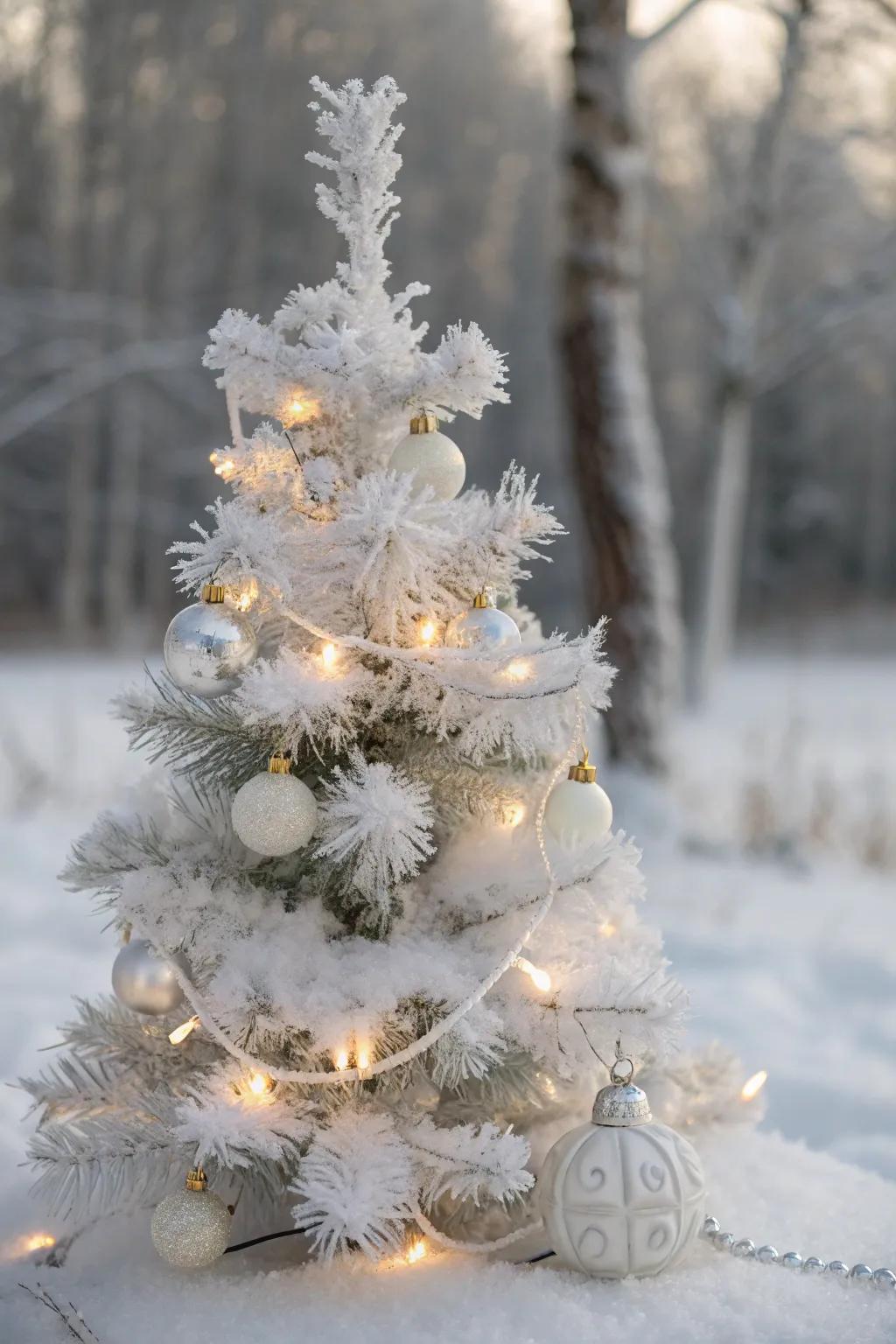 A snowy white elegant mini Christmas tree.