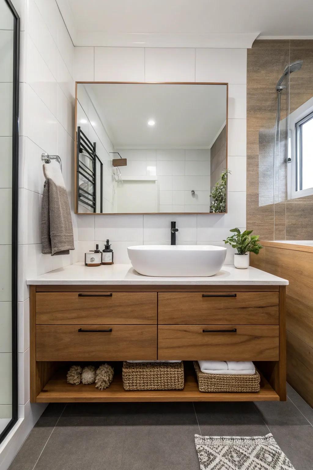 A minimalist bathroom with a sleek floating vanity.