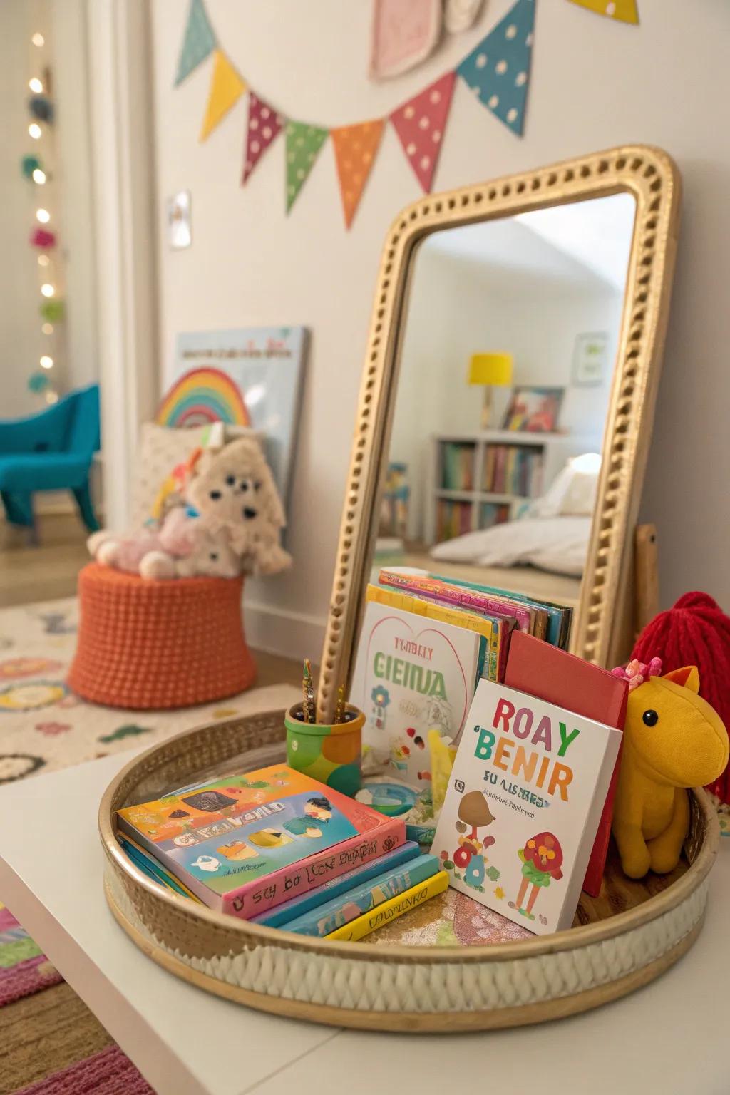 A mirror tray adds a touch of whimsy to a child's room.