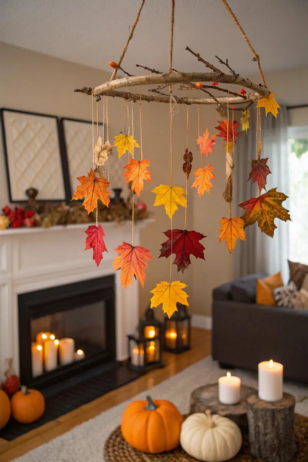 A seasonal leaf and twig mobile celebrating autumn indoors.