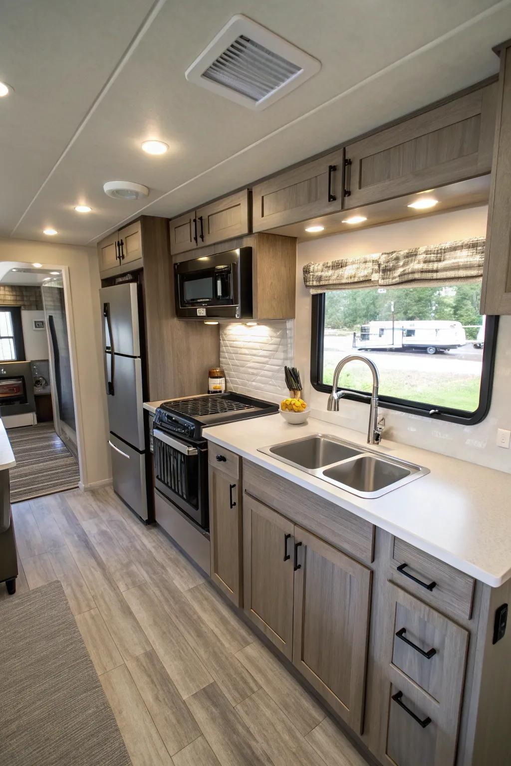 A mobile home kitchen with sleek and modern fixtures.