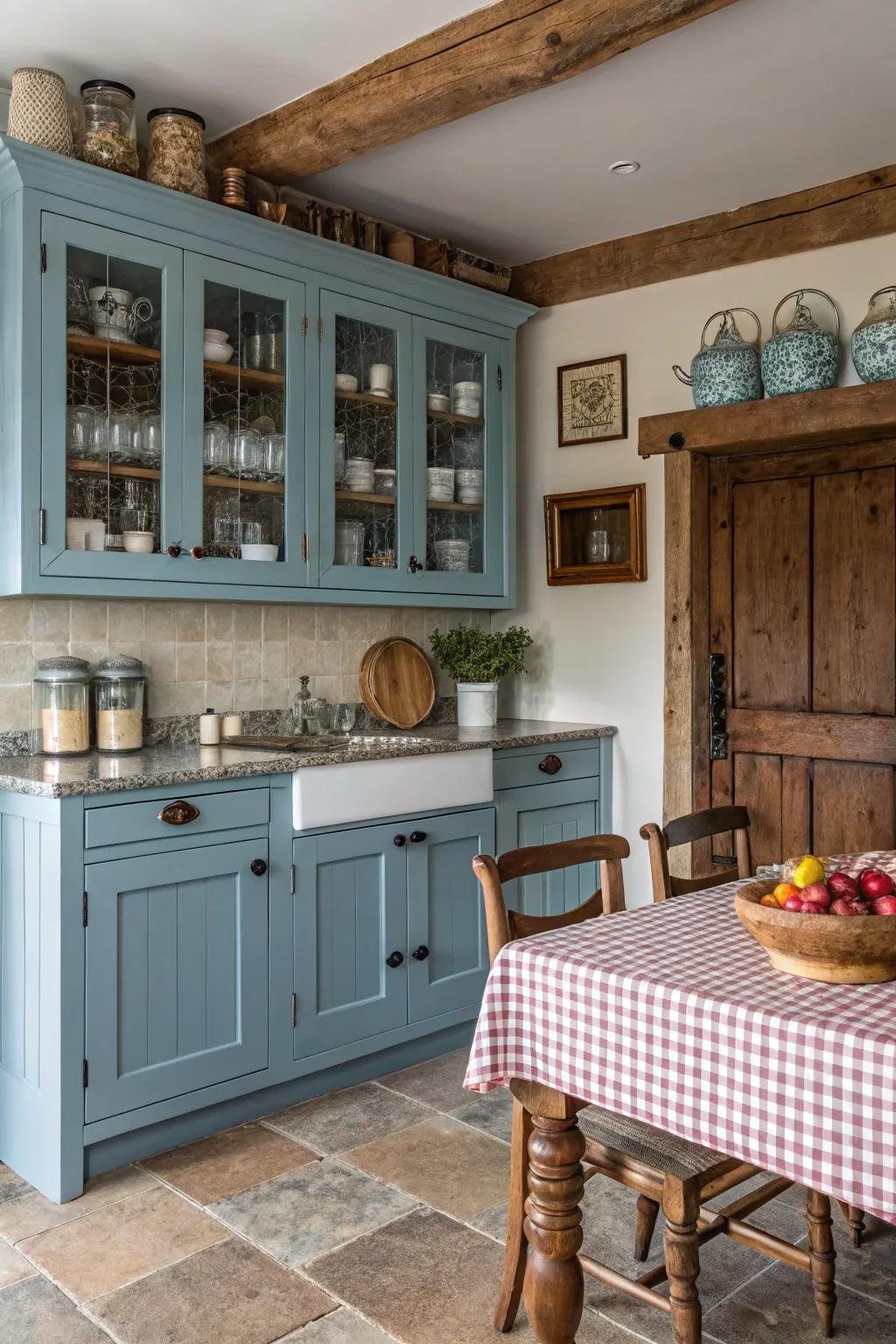 Farmhouse blue cabinets add warmth and charm to this kitchen space.