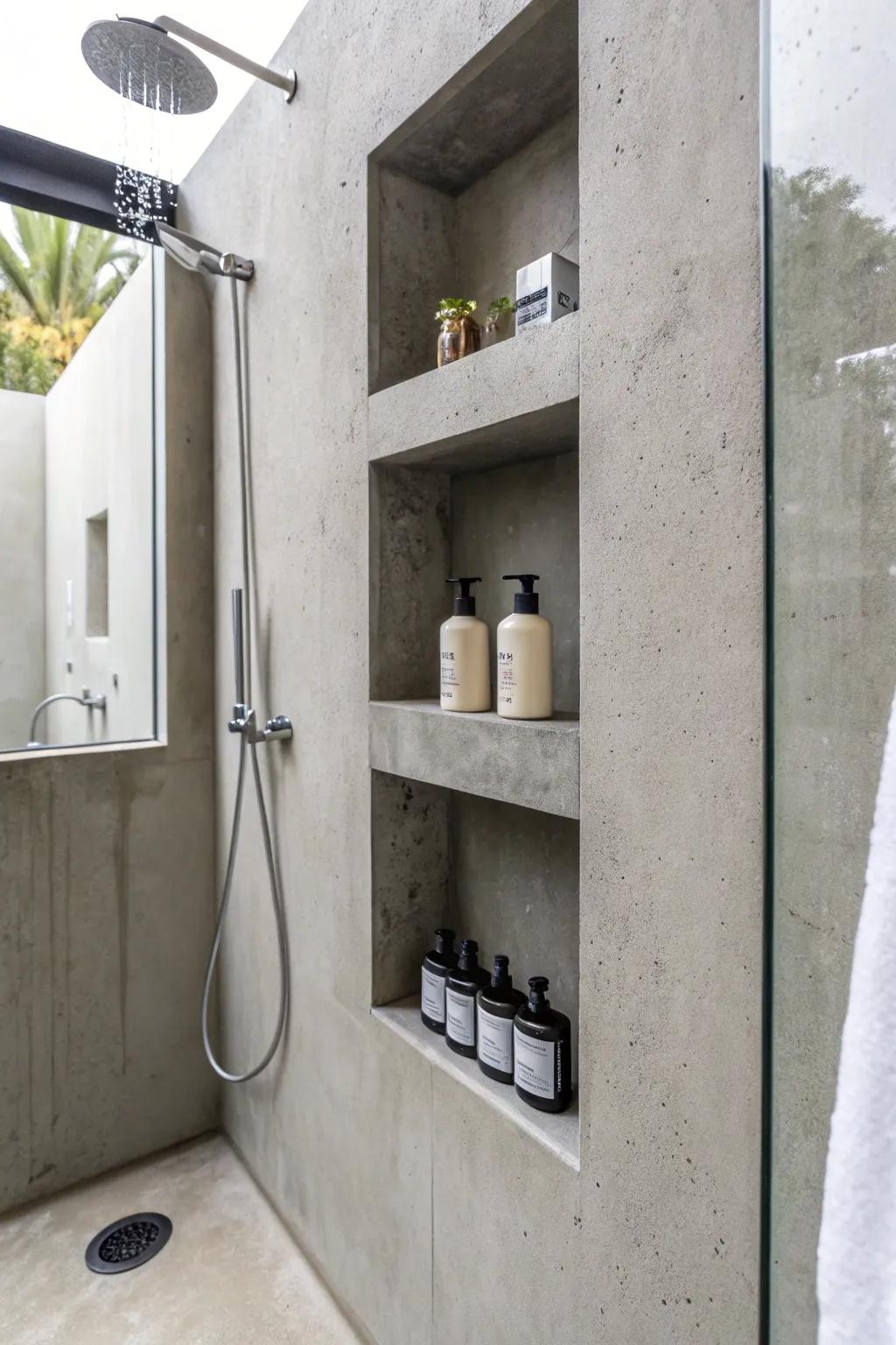 Concrete niches in a shower providing functional storage solutions.