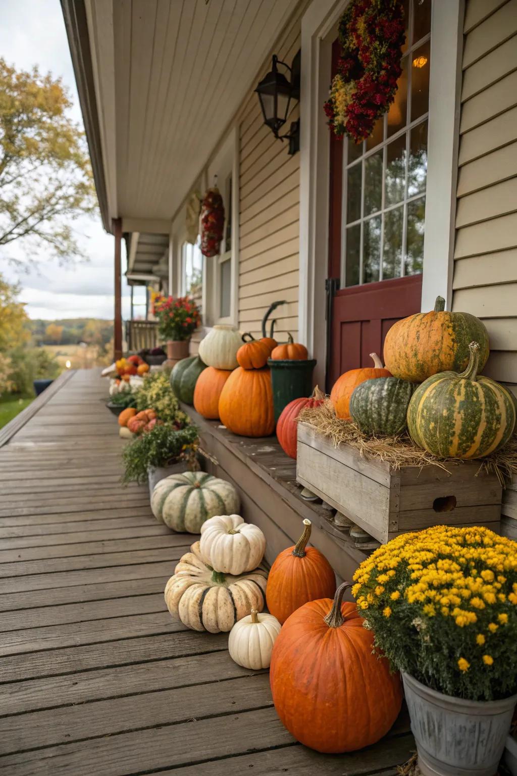 A mix of gourds adds playful variety to fall decorations.