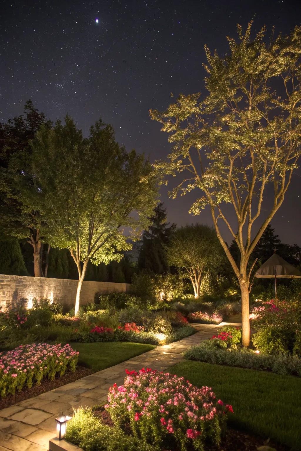 Garden spotlights bring attention to the natural beauty of this farmhouse garden.